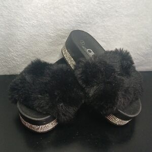 Underground Black Furry Kids Sandals
